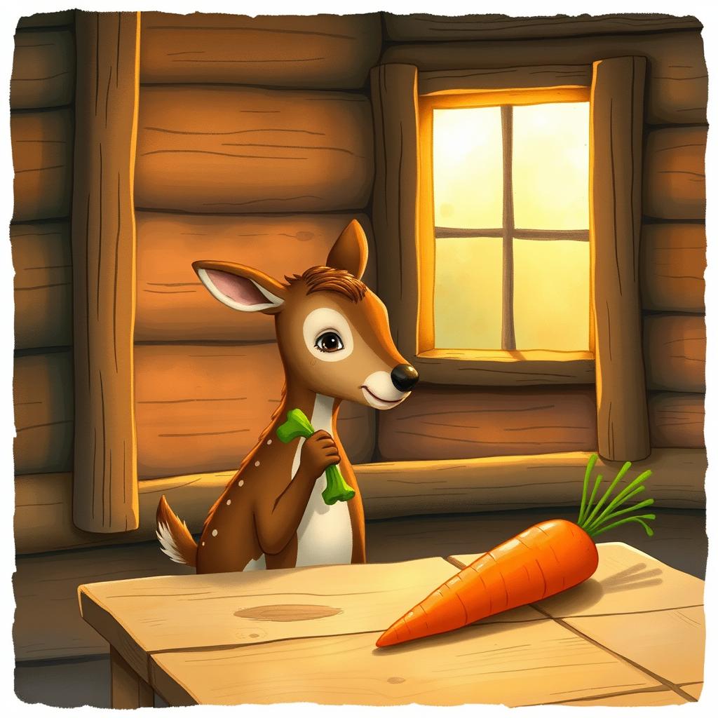 Inside a warm wooden cabin, a small brown deer holds a piece of green vegetable, gazing curiously at a bright orange carrot placed on a rustic wooden table