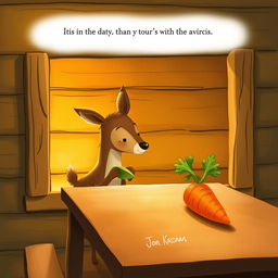 Inside a warm wooden cabin, a small brown deer holds a piece of green vegetable, gazing curiously at a bright orange carrot placed on a rustic wooden table