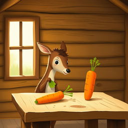 Inside a warm wooden cabin, a small brown deer holds a piece of green vegetable, gazing curiously at a bright orange carrot placed on a rustic wooden table