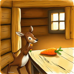 Inside a warm wooden cabin, a small brown deer holds a piece of green vegetable, gazing curiously at a bright orange carrot placed on a rustic wooden table
