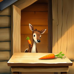 Inside a charming wooden cabin, a small brown deer holds a piece of green vegetable, gazing curiously at a bright orange carrot placed on a rustic wooden table