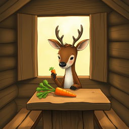 Inside a charming wooden cabin, a small brown deer holds a piece of green vegetable, gazing curiously at a bright orange carrot placed on a rustic wooden table