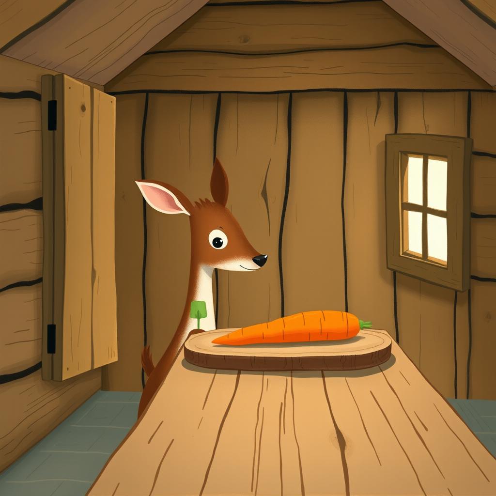 Inside a charming wooden cabin, a small brown deer holds a piece of green vegetable, gazing curiously at a bright orange carrot placed on a rustic wooden table