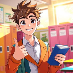 A highly attractive animated male student, styled in a vibrant and colorful school uniform, exuding a charming and confident demeanor