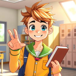 A highly attractive animated male student, styled in a vibrant and colorful school uniform, exuding a charming and confident demeanor