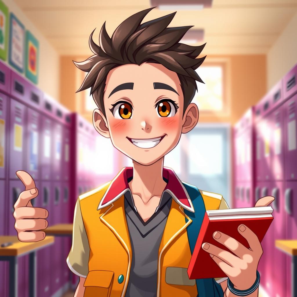 A highly attractive animated male student, styled in a vibrant and colorful school uniform, exuding a charming and confident demeanor