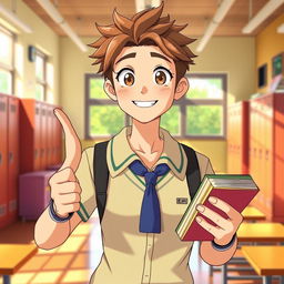 A highly attractive animated male student, styled in a vibrant and colorful school uniform, exuding a charming and confident demeanor