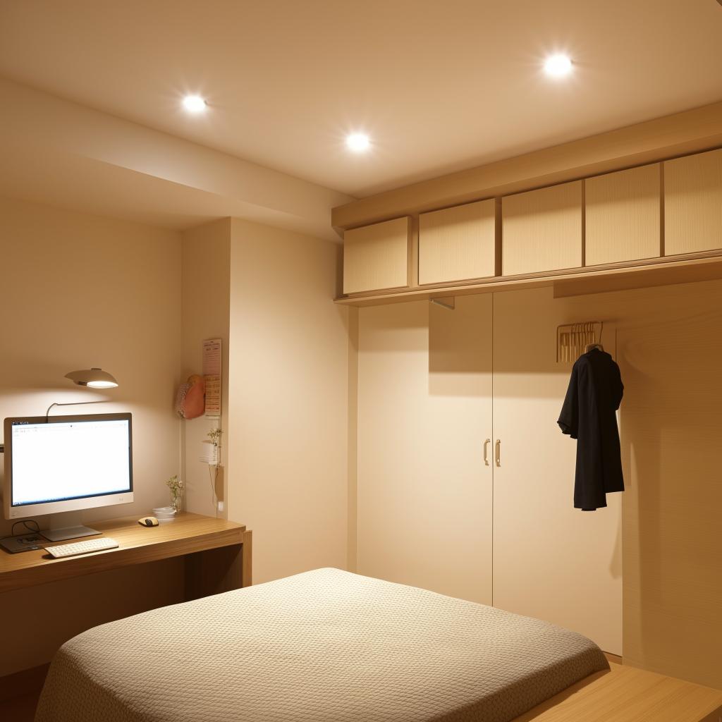 A well-lit room featuring a comfortable bed, a computer table equipped with necessary items, and an alna (clothes rack)