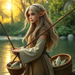 An elven fisher with delicate features and pointed ears, appearing to be facing 20 degrees to the left