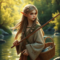 An elven fisher with delicate features and pointed ears, appearing to be facing 20 degrees to the left