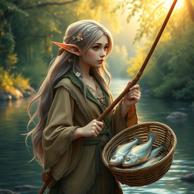 An elven fisher with delicate features and pointed ears, appearing to be facing 20 degrees to the left