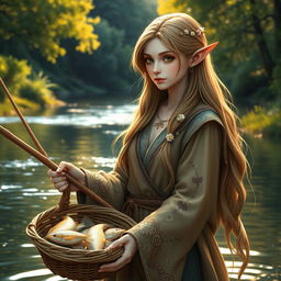 An elven fisher with delicate features and pointed ears, appearing to be facing 20 degrees to the left