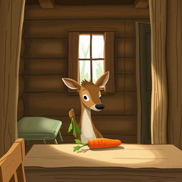 Inside a cozy wooden cabin, a small brown deer is holding a green leafy vegetable and looking curiously at a carrot placed on the table