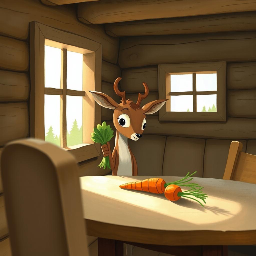 Inside a cozy wooden cabin, a small brown deer is holding a green leafy vegetable and looking curiously at a carrot placed on the table