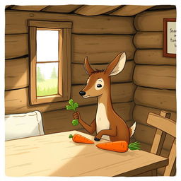 Inside a cozy wooden cabin, a small brown deer is holding a green leafy vegetable and looking curiously at a carrot placed on the table