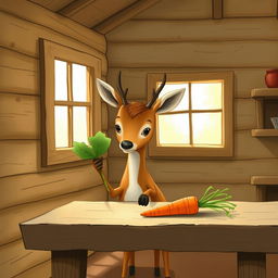 Inside a cozy wooden cabin, a small brown deer is holding a green leafy vegetable and looking curiously at a carrot placed on the table