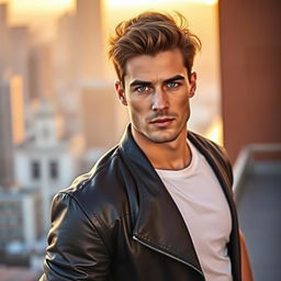 A handsome man standing confidently against a scenic urban backdrop