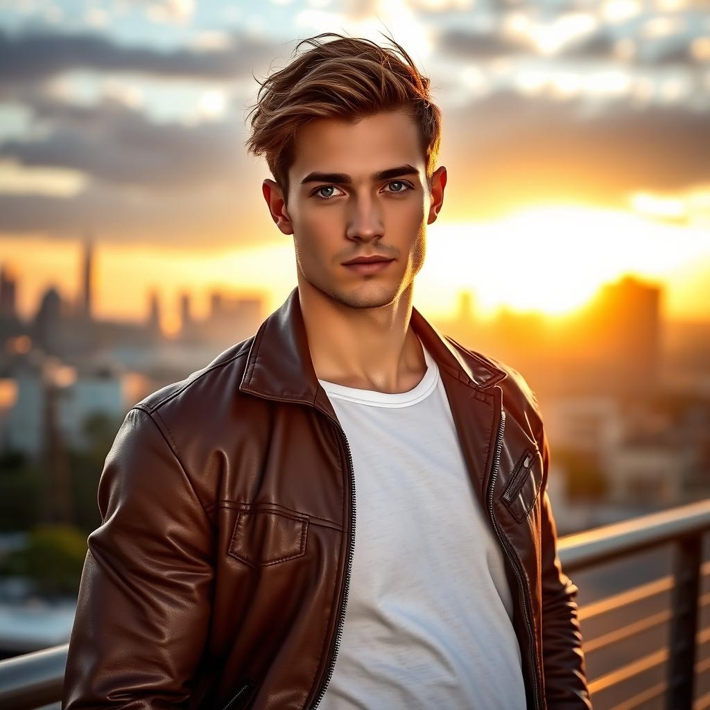 A handsome man standing confidently against a scenic urban backdrop