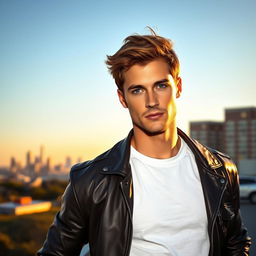 A handsome man standing confidently against a scenic urban backdrop
