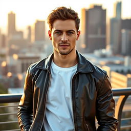 A handsome man standing confidently against a scenic urban backdrop