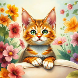 A beautifully detailed painting of a cat with pointy ears, showcasing its vibrant fur, bright eyes, and a whimsical background