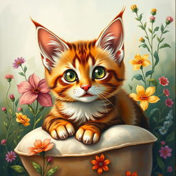 A beautifully detailed painting of a cat with pointy ears, showcasing its vibrant fur, bright eyes, and a whimsical background