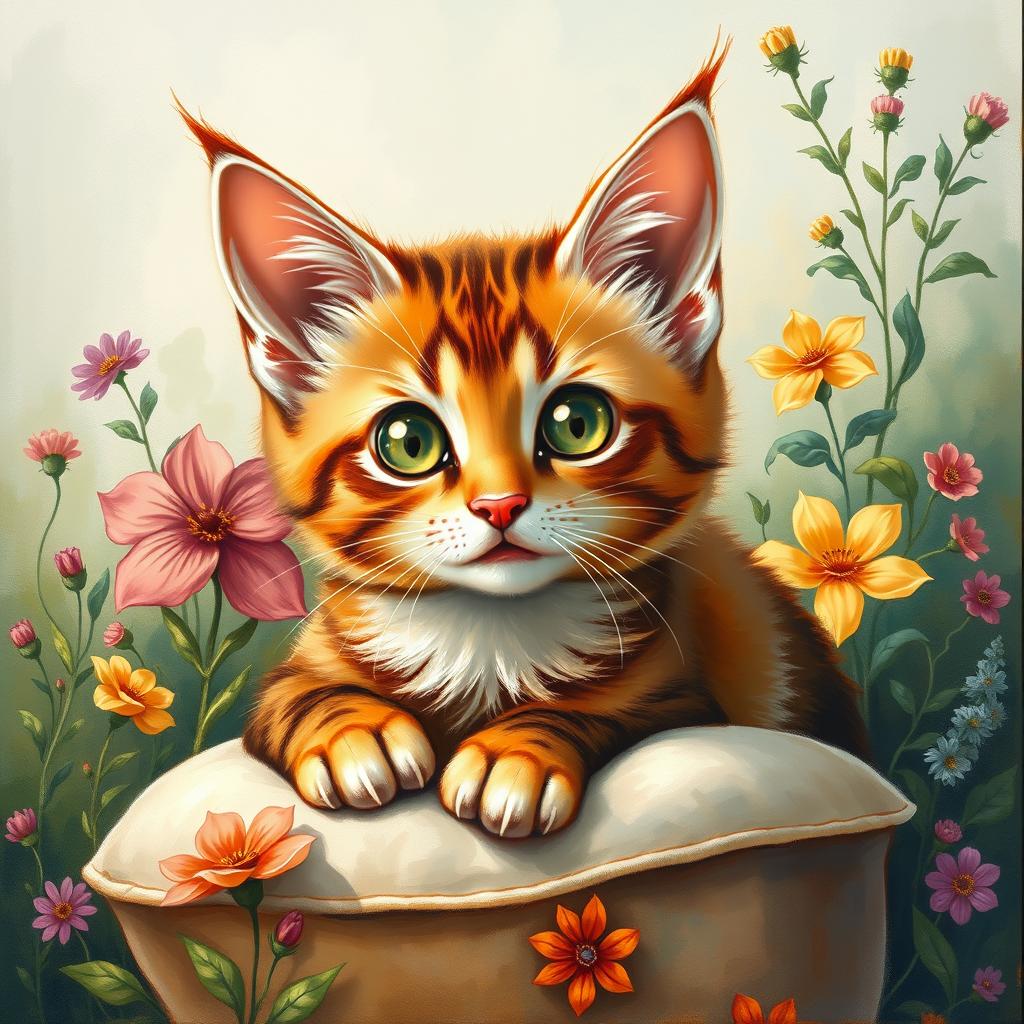 A beautifully detailed painting of a cat with pointy ears, showcasing its vibrant fur, bright eyes, and a whimsical background