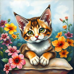 A beautifully detailed painting of a cat with pointy ears, showcasing its vibrant fur, bright eyes, and a whimsical background