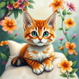 A beautifully detailed painting of a cat with pointy ears, showcasing its vibrant fur, bright eyes, and a whimsical background