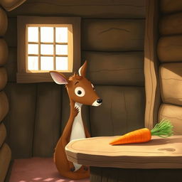 Inside a cozy wooden cabin, a small brown deer holds a piece of green vegetable, looking curiously at a bright orange carrot resting on a rustic wooden table