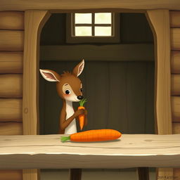 Inside a cozy wooden cabin, a small brown deer holds a piece of green vegetable, looking curiously at a bright orange carrot resting on a rustic wooden table