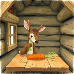 Inside a cozy wooden cabin, a small brown deer holds a piece of green vegetable, looking curiously at a bright orange carrot resting on a rustic wooden table