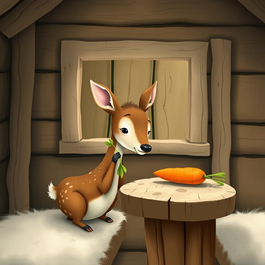 Inside a cozy wooden cabin, a small brown deer holds a piece of green vegetable, looking curiously at a bright orange carrot resting on a rustic wooden table