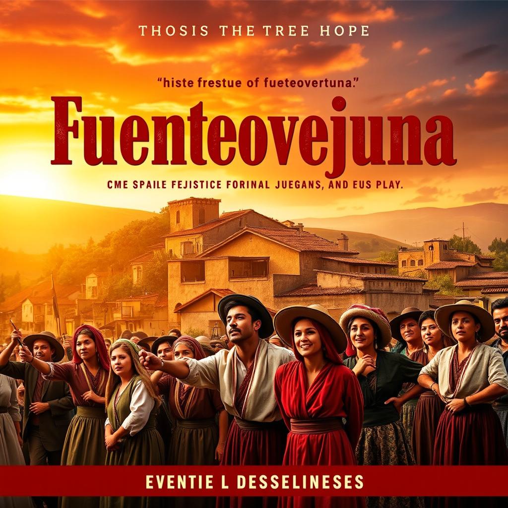 A captivating theatre poster for the play 'Fuenteovejuna', featuring a dramatic scene with villagers in traditional Spanish costumes, displaying a powerful sense of unity and resistance