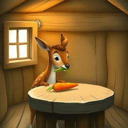 Inside a cozy wooden cabin, a small brown deer holds a green vegetable in its mouth, looking intently at a bright orange carrot sitting on a rustic wooden table