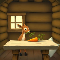 Inside a cozy wooden cabin, a small brown deer holds a green vegetable in its mouth, looking intently at a bright orange carrot sitting on a rustic wooden table