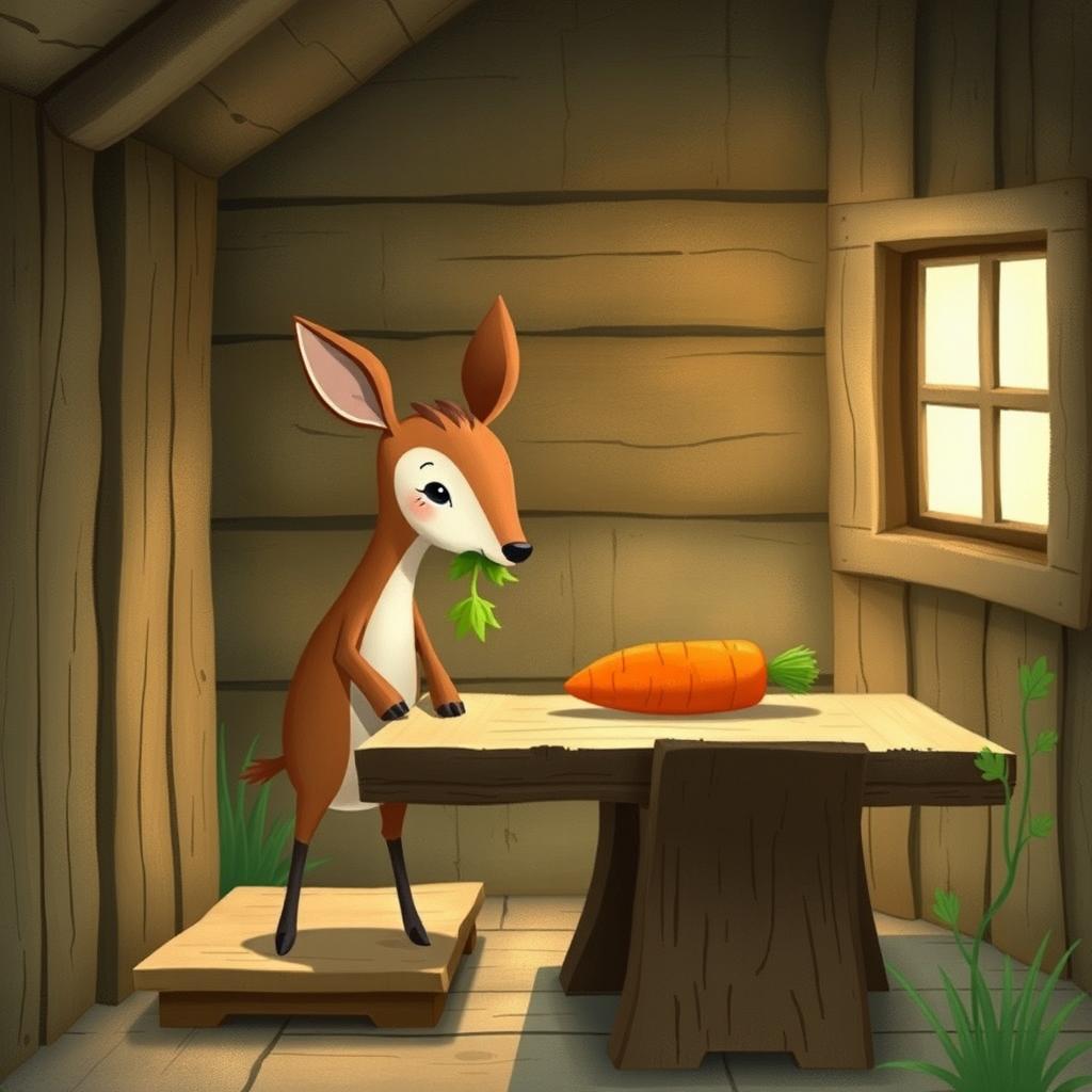 Inside a cozy wooden cabin, a small brown deer holds a green vegetable in its mouth, looking intently at a bright orange carrot sitting on a rustic wooden table