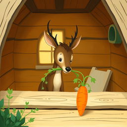 Inside a cozy wooden cabin, a small brown deer holds a green vegetable in its mouth, looking intently at a bright orange carrot sitting on a rustic wooden table