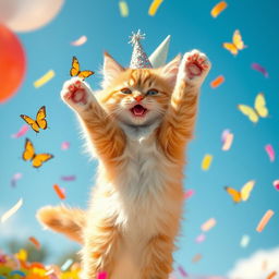 A whimsical scene of a cat joyfully dancing on its hind legs in a colorful and lively setting