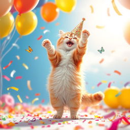 A whimsical scene of a cat joyfully dancing on its hind legs in a colorful and lively setting