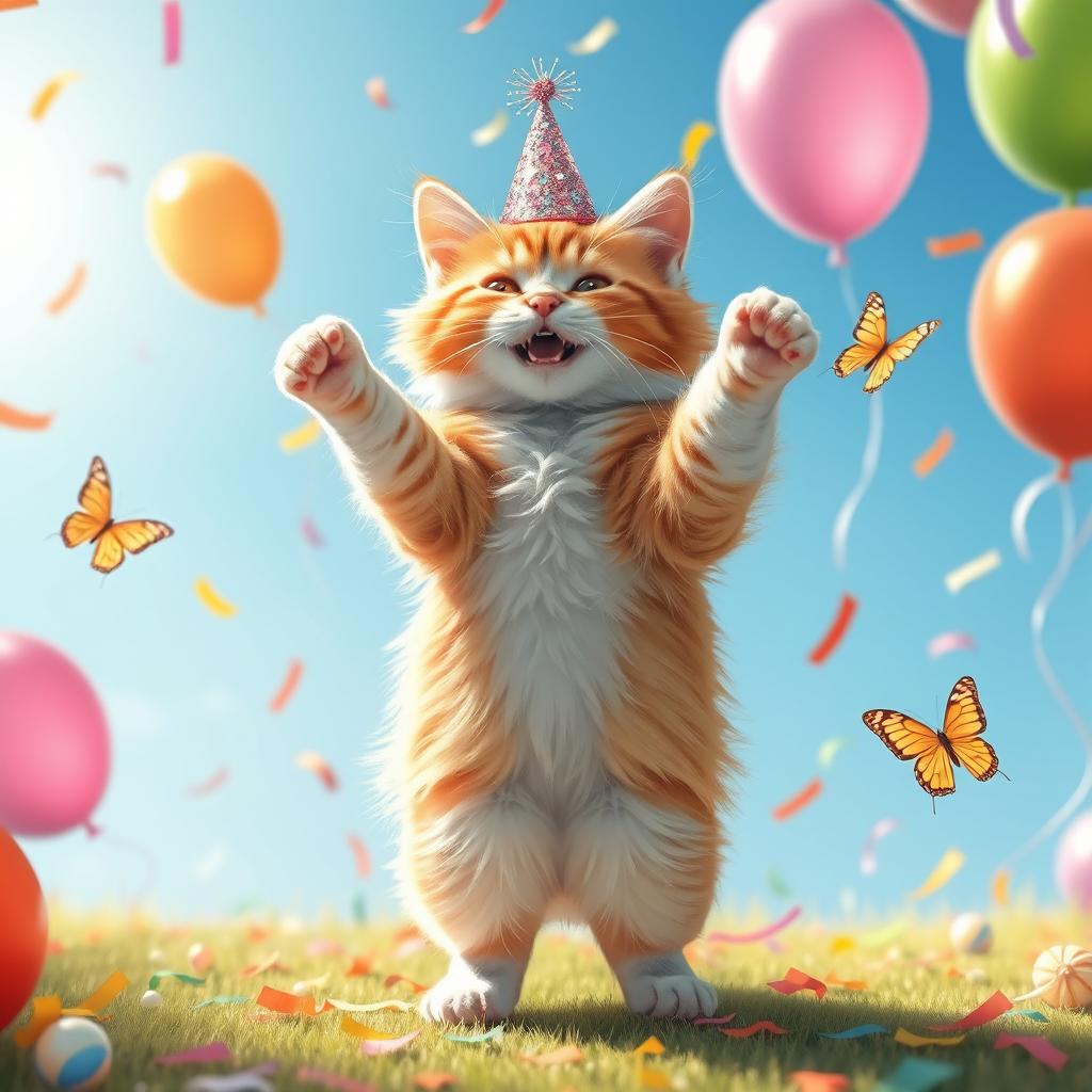 A whimsical scene of a cat joyfully dancing on its hind legs in a colorful and lively setting