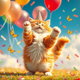 A whimsical scene of a cat joyfully dancing on its hind legs in a colorful and lively setting