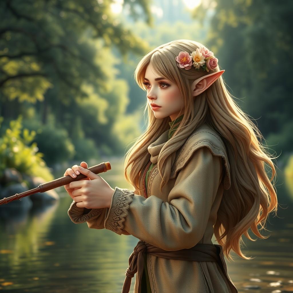 An elven fisher with delicate features and pointed ears, appearing to be facing 20 degrees to the left