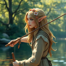 An elven fisher with delicate features and pointed ears, appearing to be facing 20 degrees to the left