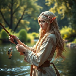 An elven fisher with delicate features and pointed ears, appearing to be facing 20 degrees to the left
