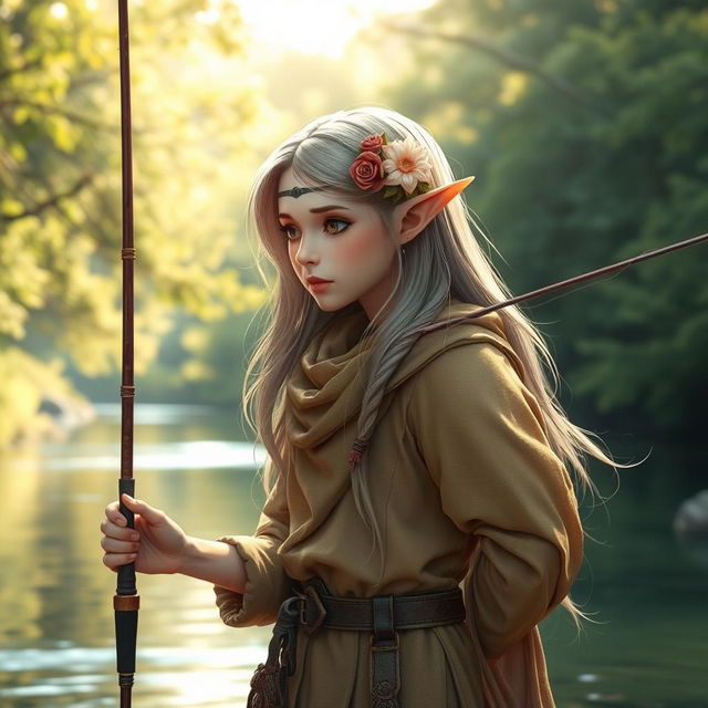 An elven fisher with delicate features and pointed ears, appearing to be facing 20 degrees to the left