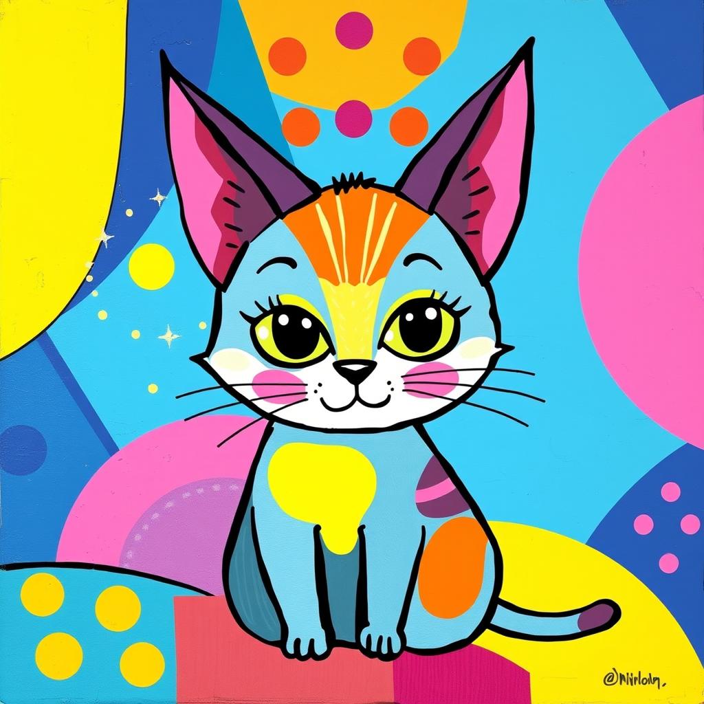 A whimsical and colorful painting of a cat with pointy ears, emphasizing abstract shapes and bold colors