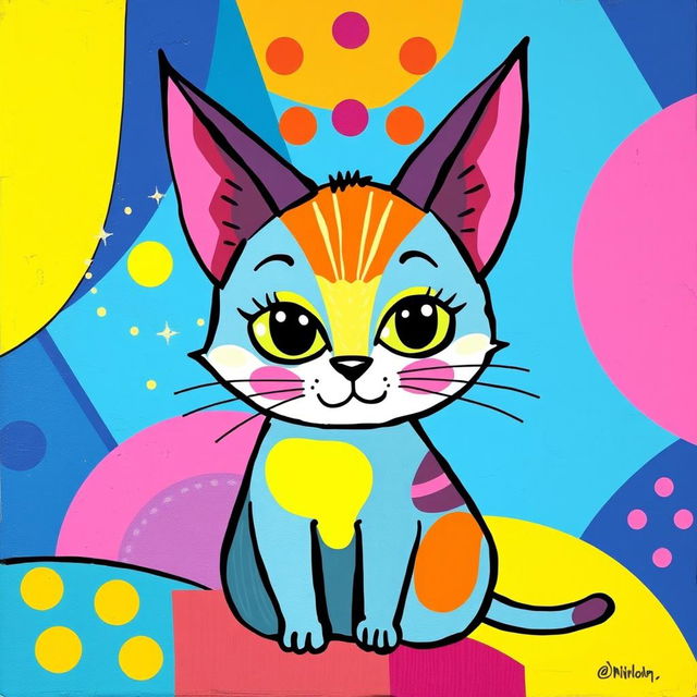 A whimsical and colorful painting of a cat with pointy ears, emphasizing abstract shapes and bold colors