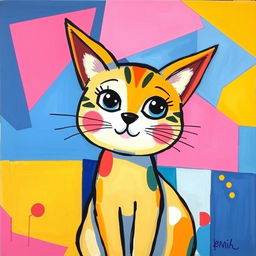 A whimsical and colorful painting of a cat with pointy ears, emphasizing abstract shapes and bold colors