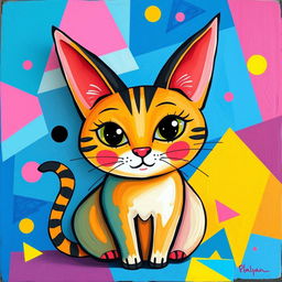 A whimsical and colorful painting of a cat with pointy ears, emphasizing abstract shapes and bold colors